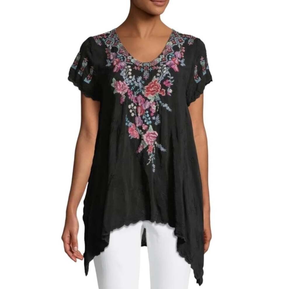 Johnny Was Hinga Black Embroidered Handkerchief Hem Tunic Top Small Boho